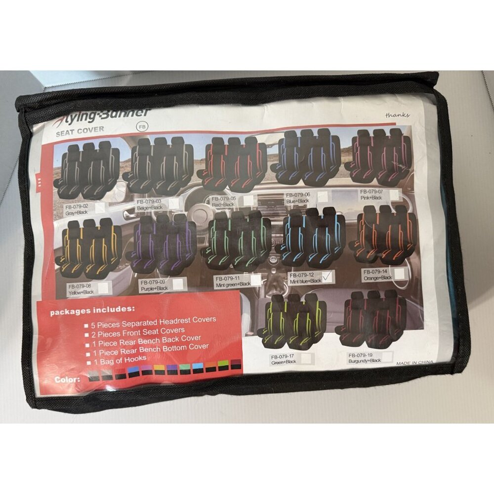 Flying Banner Universal Mint‎ Blue & Black Car Seat Cover 9-Piece Set #FB-079-12
